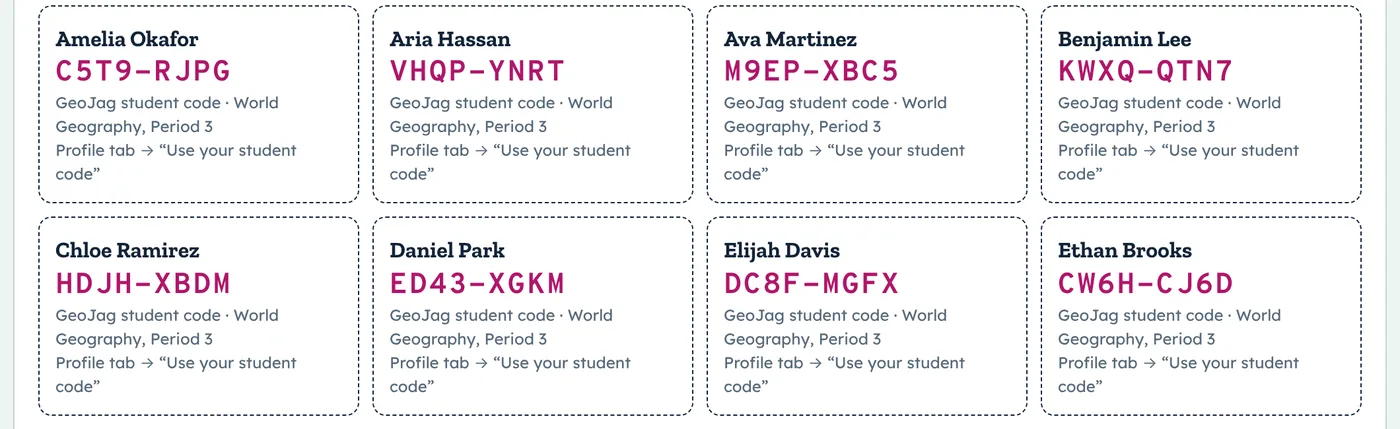 Printable student code cards